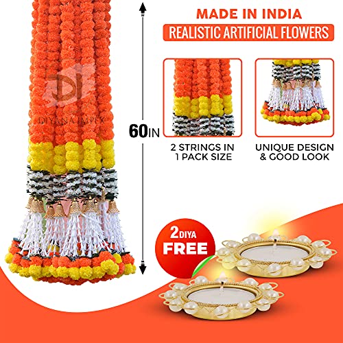 Diyana Impex Marigold Garland For Decoration 5 Feet Long Artificial Marigold Flowers 2 Pc, Christmas Decorations Indian Décor For Pooja, Wedding, Events, Diwali, Halloween Decor With 2 Diyas #TOP2