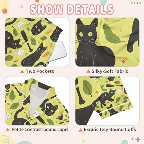 senya Black Cat on Yellow Satin Summer Pajama Sets Silk Short Sleeve Button Down Sleepwear3