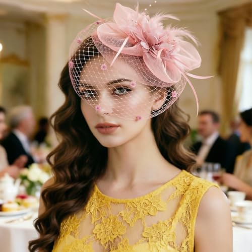 Image of DRESHOW Women Fascinator Hats Tea Party Hat Vintage Pillbox Hat Headband for Cocktail