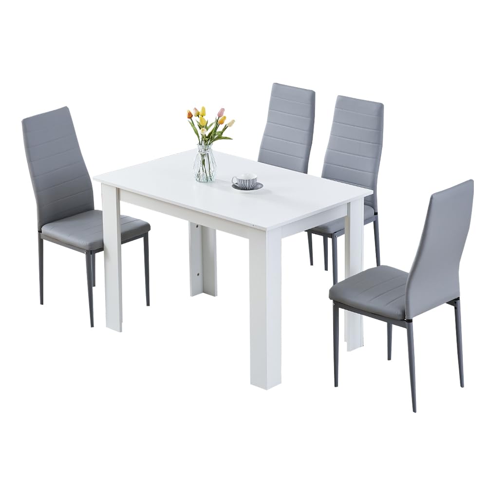 Homullel 5 Piece Dining Room Table and Chairs Set for Dining Room Kitchen, Modern Wooden Dining Table with Chairs for Family Dinner Set (With 4Pcs Grey Leather Chairs, 110cm White Table)