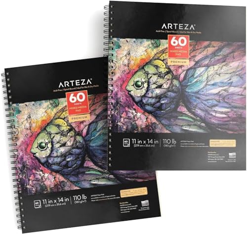 ARTEZA Mixed Media Sketchbook, 11x14 Inches – 2-Pack, 60 Spiral-Bound Sheets, 110 lb Acid-Free Paper for Wet & Dry Media: Acrylic, Ink & Pencil