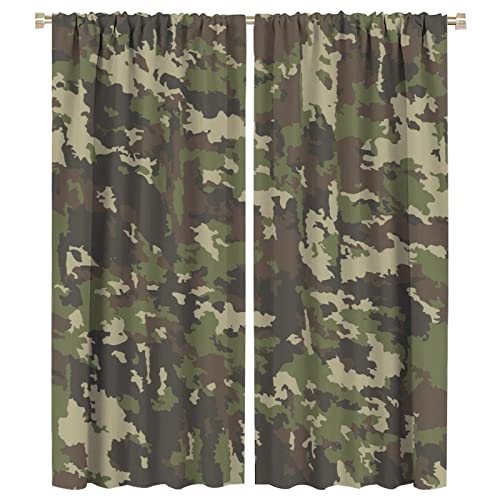 Camo Window Curtains for Boys Bedroom,Green Camouflage Woodland Camoflage Hunting Theme Blackout Drapes for Teens Youth Bedroom Living Room Decor W42xL54in