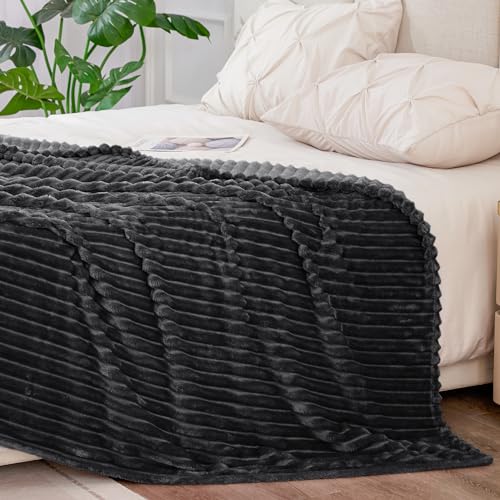 Image of BEDELITE Fleece Blanket King Size - 3D Ribbed Jacquard Soft and Warm Decorative Fuzzy Blankets - Cozy, Fluffy, Plush Lightweight Throw Blankets for Couch, Bed, Sofa(Black, 108x90 inches)