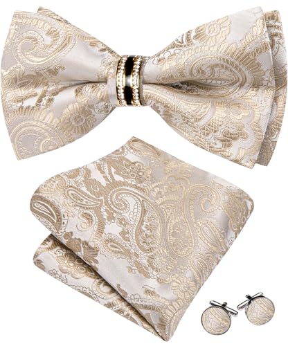 Image of YOHOWA Mens Bow Tie Set Paisley Pre-tied Bowties Adjustable with Handkerchief Cufflinks Gold Ring Set Wedding Prom Party