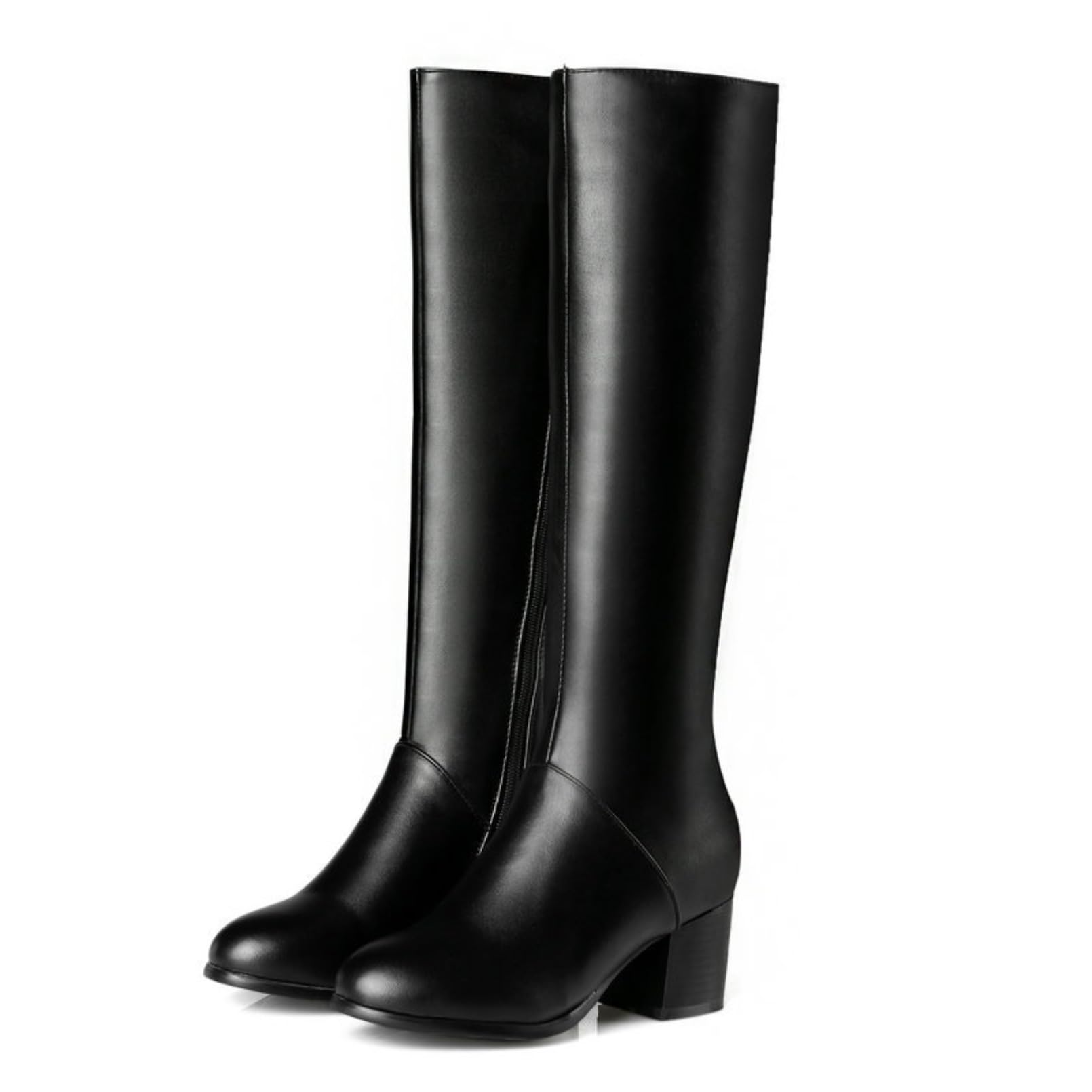Damen Knielange Chunky Heel Warme Bürostiefel Reitstiefel Seitlicher Reißverschluss Leder High Heel Cowboy Retro Stiefel Weiten Waden Winterstiefel Rundem Zeh Lange