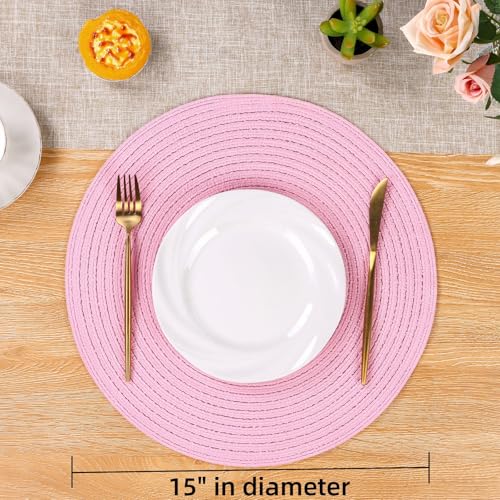Image of SHACOS Round Braided Placemats Set of 6 Round Table Mats for Dining Tables 15 inch Washable Non Slip Placemats (Pink, 6)