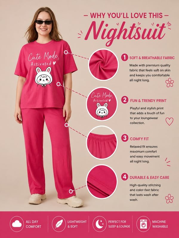Image of My Swag Womens Nightsuit Set | Cute Bunny Graphic Print T-Shirt & Pajama | Soft Breathable Sleepwear and Loungewear Co-Ord Set for Women