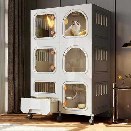 DIYキャスター付きキャットケージ、トイレ付きエンクロージャー、大型2/3段ベビーサークル、折りたたみ式取り外し可能メタルワイヤークレート、大型運動場(Grey-28x18x43)