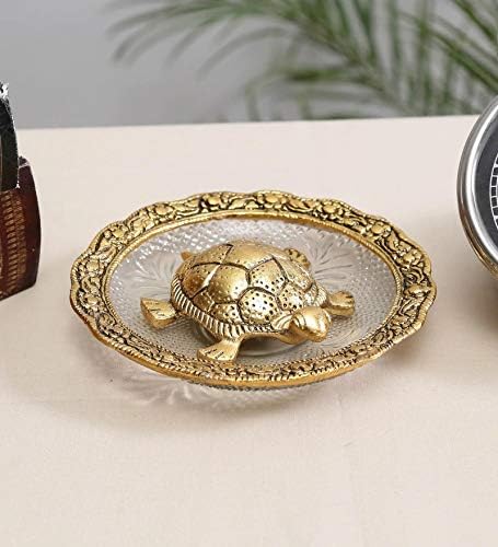 Golden Metal Tortoise with Decorative Plate | Feng Shui & Vastu Turtle for Good Luck, Wealth and Prosperity