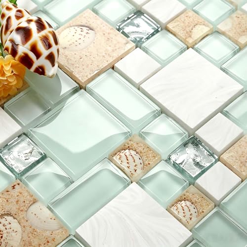 Hominter Coastal Beach Glass Stone Mosaic Tile – Lake Green, White & Sandstone Shell Design for Kitchen Backsplash, Bathroom and Shower Walls, Spa Decor (5 Square Feet)