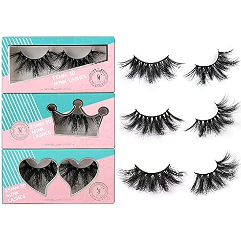 SY SHUYING 25mm Mink Lashes 3D Real Mink Eyelashes Fluffy Dramatic False Eyelashes 6D Wispy Long Thick Handmade Luxury Volume Strip Eye Lashes (3 Pairs, Doll Honey Queen) Cover