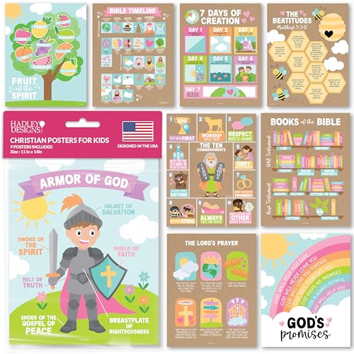 Image of Hadley Designs Sunday School Decorations for Classroom -9 Bible Posters for Kids, Books of the Bible, 10 Commandments, Bible Timeline Chart, Fruits of the Spirit, Kraft Christian Classroom Decor