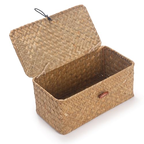Miniatura 4 de Seagrass Cestas Mimbre Decoración Cesto De Almacenaje Con Tapa Rectangular Tejido De Ratán Caja Con Tapa Pequeño 26cmx14cmx11cm H