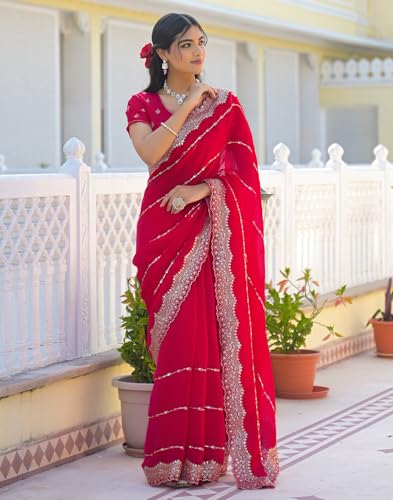 Image of SIRIL Women's Shimmer Chiffon Scalloped Border Sequins Embroidery Saree With Unstitched Blouse Piece