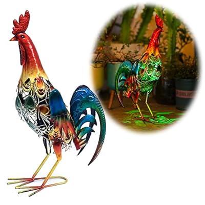 WDLFCGC 19 Inch Solar Rooster Statue, Metal Yard Art with Colorful Lights for Garden Lawn Outdoor Decoration Gifts