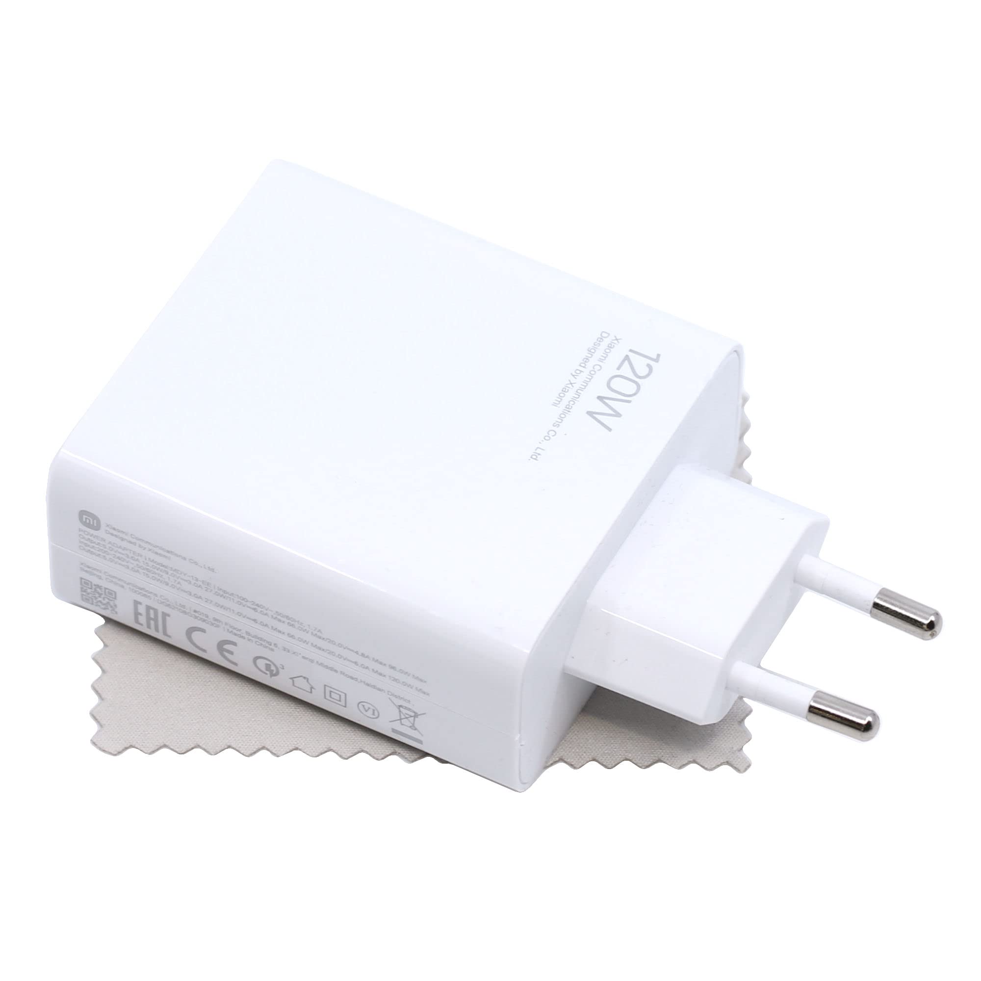 Caricabatterie originale Xiaomi MDY-13-EE 120W per Xiaomi 12T 5G, 12T Pro 5G, 12 Pro, 11T Pro, Poco F4 GT, Redmi Note 11 Pro Plus 5G (senza cavo) Fast Charge Hyper Charge con panno per la pulizia del