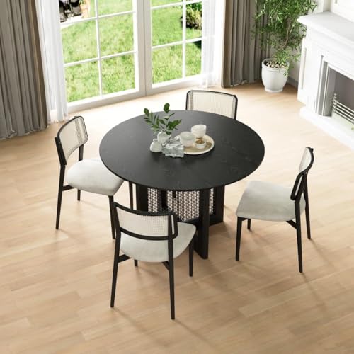 Image of Quick Artsy Round Mango Wood Dining Table 4 Seater for Dinning Room, Living Room & Home Decor, Natural Colour, (120D x 120W x 76H Centimeters) (Rattan Dining Table) (Black Rattan Dining)