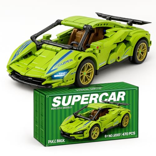 Image of 1:18 Scale Racing Pull-Back Supercar Building Blocks Set | Car Model Kit with Gold Sport Rims | DIY Construction Toy,Compatible with Major Bricks,Ideal Gift for Kids (1:18 Green Lambo [470pcs])