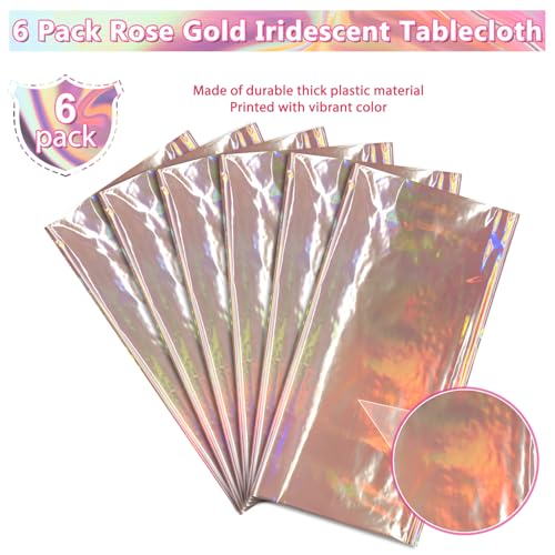 Image of 6 Pack Rose Gold Plastic Tablecloth, Disposable Rectangle Table Covers, Holographic Metallic Foil Tablecloth Pink Party Supplies Decorations for Birthday Wedding Anniversary Bridal Shower, 54x108Inch