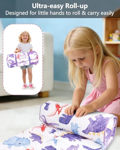 Image of Primlect Toddler Nap Mat with Pillow, Thickened Extra Large Sleeping Bag | 55''x35'' Sleeping Mat with Blanket, Washable, Roll up, Perfect for Daycare, Preschool, Kindergarten, Girls, Dinosaur