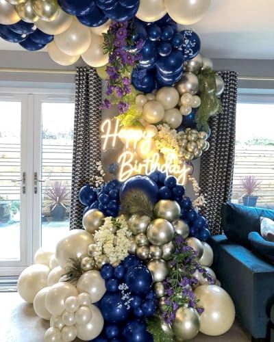 Image of Navy Blue Balloon Garland Double Stuffed Pearl White Royal Blue Balloons Dark Navy Gold Balloon Arch Kit for Birthday Baby Shower Wedding Graduation Father's Day Party Decor