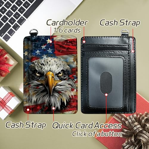 Image of Small Travel Wallets, Eagle American Flag Slim Minimalist Front Pocket Wallet with Wristlet, RFID Blocking PU Leather Credit Card Holder with ID Window Change Purse for Men Women