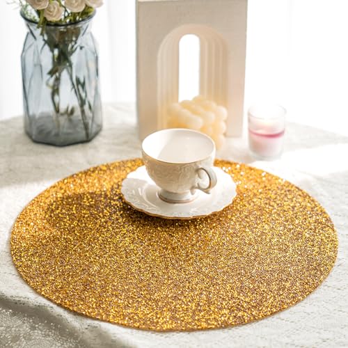 Cumouna Jogo americano dourado, brilhante, strass esmagado, redondo, lavável, elegante, tapete de me