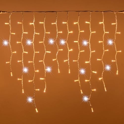 Tenda Luminosa Natalizia 10 metri Stalattiti a LED 380 Luci Bianco Caldo + Flash Bianco Freddo per Interno ed Esterno IP44 (Luce calda + flash bianco, 10 Metri)