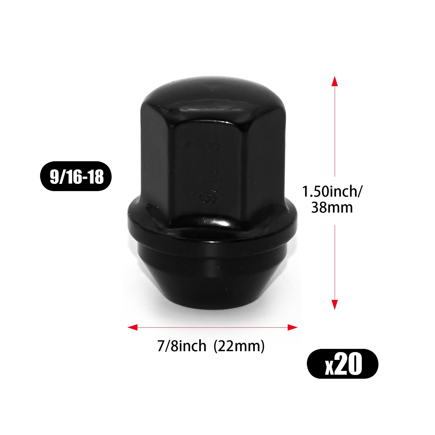 20pcs Black 9/16-18 Wheel Lug Nuts Fits for Chery-sler RAM, Hex 7/8'' Height 1.5'' Conical Seat