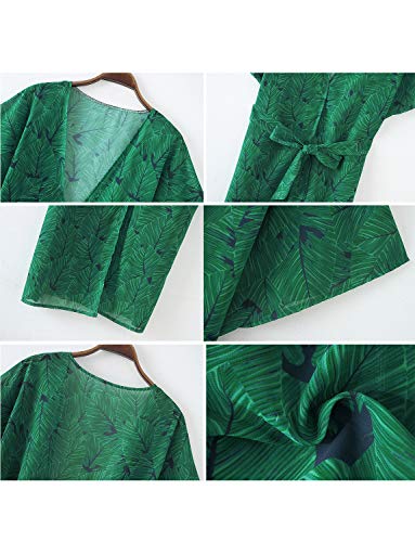 Kimonos for Women Boho Style with Belts Open Front Beach Cover-Ups Chiffon Jacket Resort Wear Beach Wear (Green, Medium)