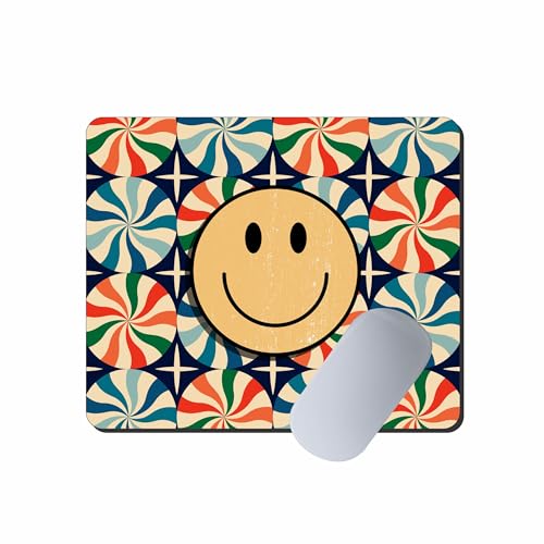 Image of Retro Smiley Face Mouse Pad - Colorful Vintage Pattern Desk Mousepad 9 x 7.5 Inch - Non-Slip Rubber Base, Smooth Surface for Office, Home & School