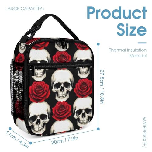 Backpack with Lunch Box & Cosmetic Bag Set Dark Black Red Rose Skull Bookbag Daypack Set Backpack with Lunch Bag Storage Bags4