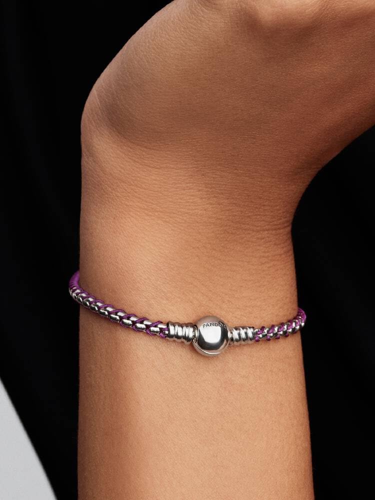 Braided Sterling Silver Box Bracciale con corda tessile viola