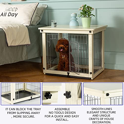 Ylovecl Wooden Dog Crate Furniture With Sliding & Fixable Tray, Dog Crate End Table For Small Dog, Small Dog Kennels Indoor (28.3L*23.2W*23.6H, Ivory White) #TOP3