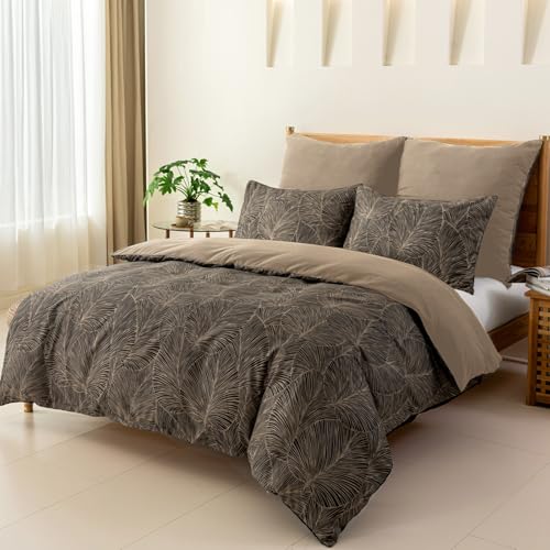 Image of Lekesky Queen Size Duvet Cover Set, Reversible Queen Comforter Cover with Tropical Leaves Pattern, Soft 100% Washed Microfiber 3 Pieces Khaki Bedding Set with Zipper and 2 Pillowcases