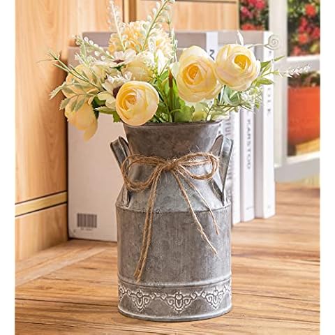 TIMRIS Vintage Galvanized Milk Can, Farmhouse Decorative Flower Pitcher Vase, Rustic French Country Metal Jug for Flowers,7.2'' H Cover