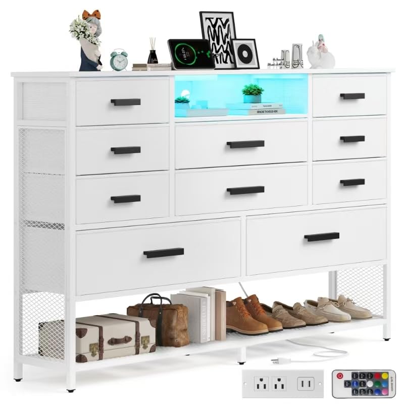 Harpaq White Dresser for Bedroom, Fabric Chest of Drawers with Charging Station and LED Light, TV Stand Dresser with Shelves for 55" TV, 10 Drawers