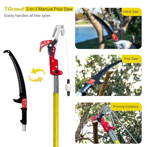 Image of 7.3-30FT Adjustable Manual Pole Saw Tree Trimmer Pruner | Sharp steel blade & pruning scissors, great for branches & palms, lightweight extendable manual pole pruner for yard garden