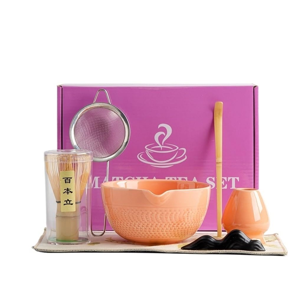 LZM-DIEWLEI Japanese Matcha Tea Set 7 Pcs Ceramic Matcha Bowl, Ceramic Whisk Holder, Matcha Whisk, Scoop, Sifter, Matcha Caddy, Tea Making Kit, Handmade Japanese Tea Ceremony Matcha Tea Kit(Pink-a)