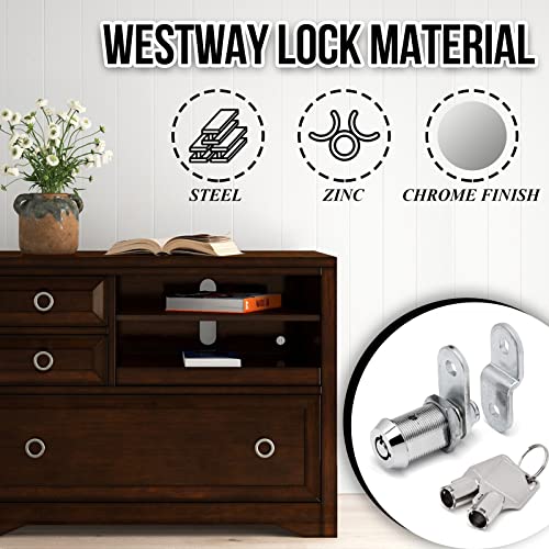 Westway Locks 1 1/8" Tubular Cam Lock With Chrome Finish - Keyed Alike 1 Pack With 2 Keys, 1 1/4" Cam And Offset Cam Lock - Cabinet Lock, Drawer Lock, Rv Compartment Lock, File Cabinet Lock #TOP3