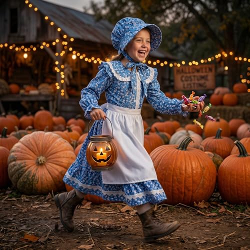 Disfraz de niña pionera con vestido y delantal azul miniatura 6
