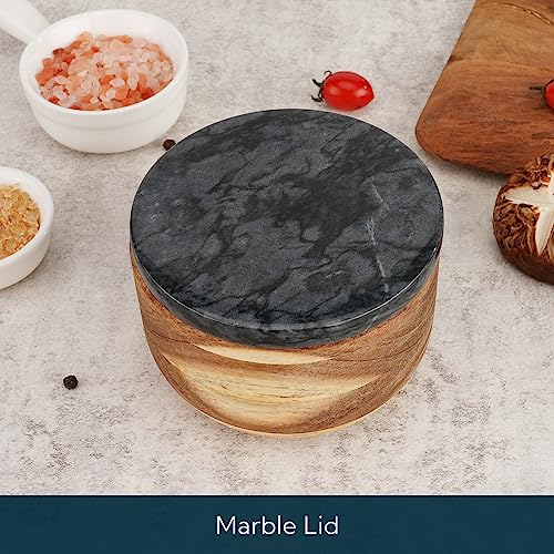 Kitchendao Large Acacia Salt Cellar Box Bowl With Built-In Spoon And Marble Lid, Solid Natural Acacia Wood Bath Sea Salt Container, Black Marble Lid, Pepper Sealer Pinch Bowl, 10Oz Capacity #TOP3