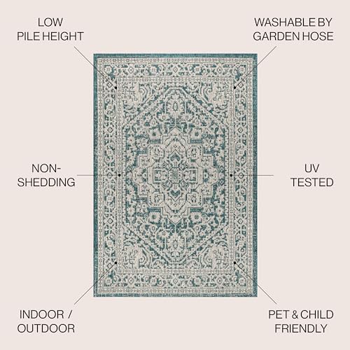 Image of JONATHAN Y Medallion Weave Indoor Outdoor Area Rug 8X10 Teal Blue /Gray, Sinjuri Textured for Backyard, Patio, Porch, Easy-Cleaning, High Traffic, Pet-Friendly, Non-Shedding (SMB101C-8)