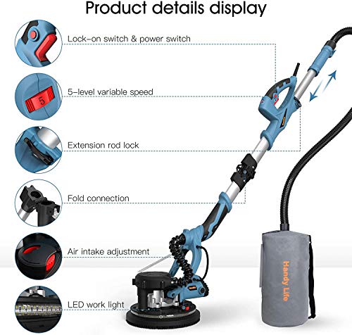 Drywall Sander With Vacuum, Handife 800W 7A Electric Foldable Wall Sander, Adjustable Speed, Double-Deck Led Lights, 800-1800Rpm, Dust-Free Automatic Vacuum System And 12 Pcs Sanding Discs #TOP1