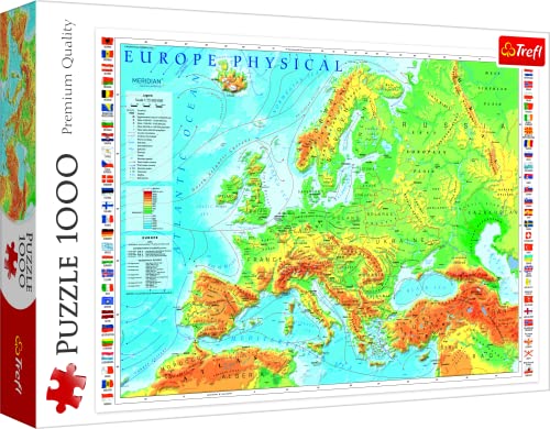 Trefl, Puzzle, Mapa físico de Europa, de 1000 Piezas, Mapa, Europa, Continente, Océano, Mar,...