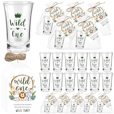 Pickmesh 30 Sets Wild One Birthday Party Favor for Guest Wild One Plastic Acrylic Shot Glasses with Thank You Tags and Bags Jungle Woodland baby shower favor for Animal Safari Jungle Party Supplies