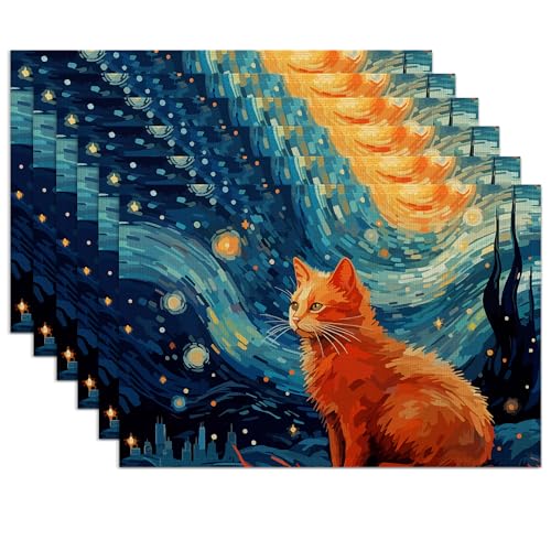 Starry Night Cat Placemats Set of 6,Washable Heat Resistant 12×18 Inch Linen Table Mats Cute Place Mats for Party Outdoor Dining Décor