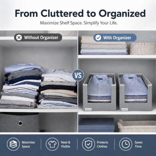 Image of VERVENIX Shirt Stacker Set of 6, Non Woven Foldable Clothes Storage Organizer with Handle, Wardrobe Closet Organizer, Space Saving Cloth Organizer for T-Shirts, Shirts, Jeans, Grey