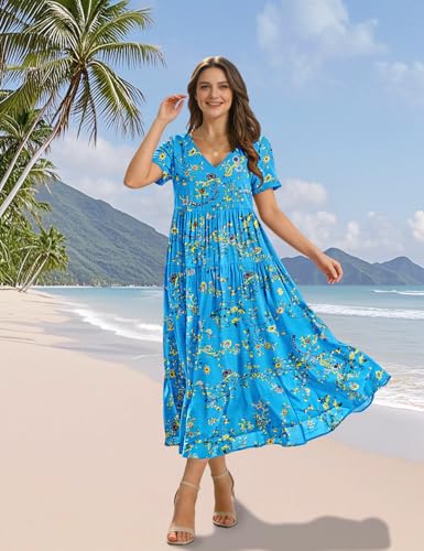 Image of YESNO Women's Summer Maxi Dresses Casual Floral Short Sleeve V Neck Boho Beach Vacation Swing Dress with Pockets EVF