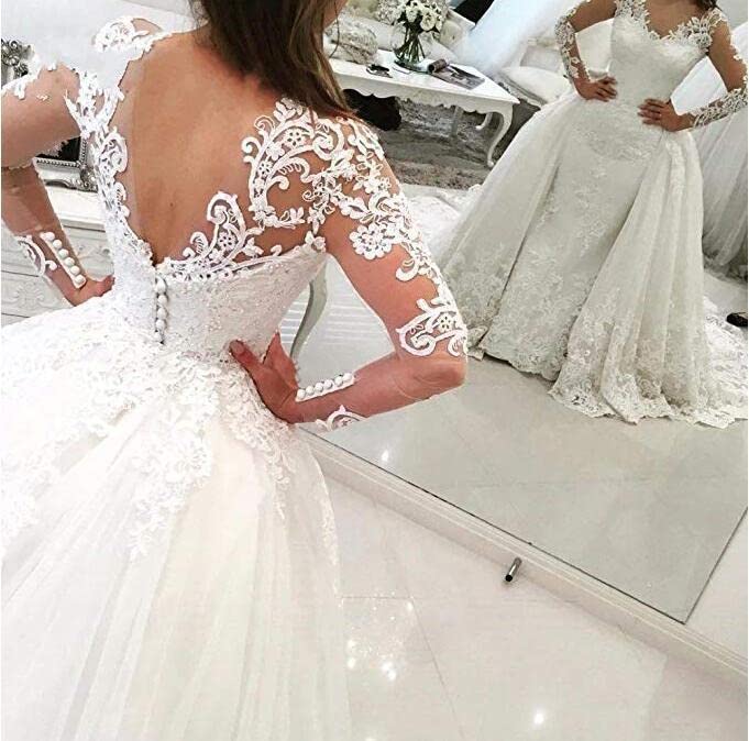 Tsbridal Detachable Skirt Wedding Dress Long Sleeves Lace Mermaid Wedding Dresses3